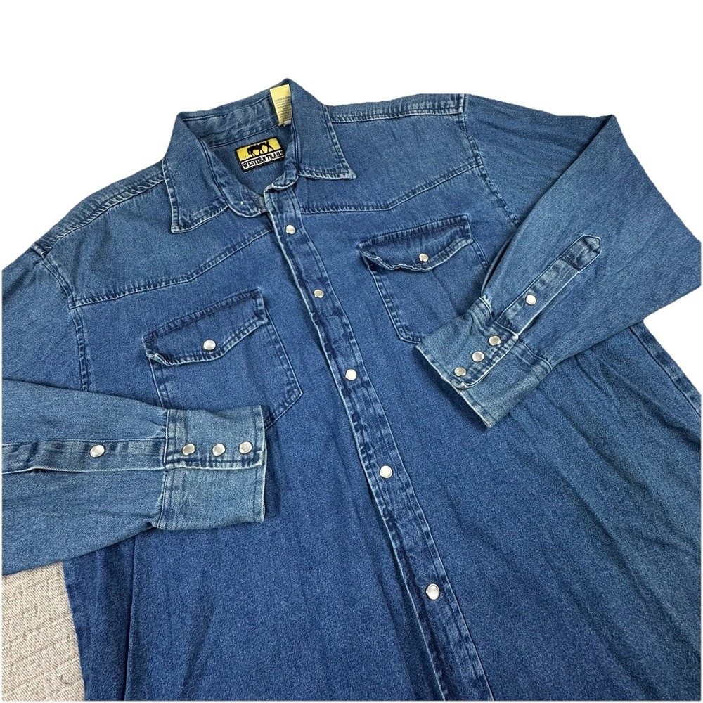 Vintage Western Trails Pearl Snap Denim Jacket Men XL Cowboy Workwear Blue